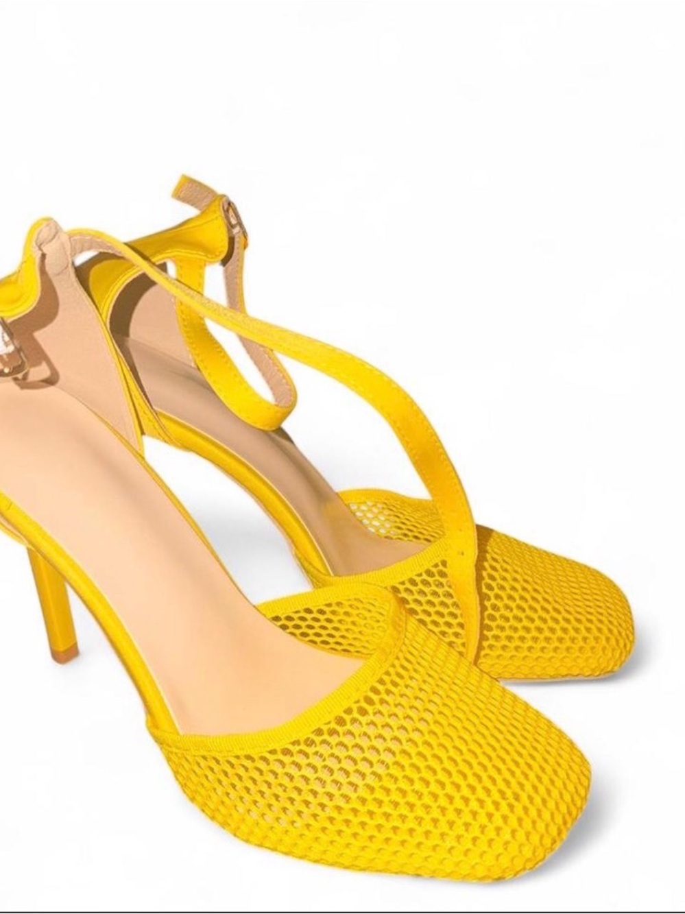 Yellow Mesh Pointed-Toe T-Strap Heels